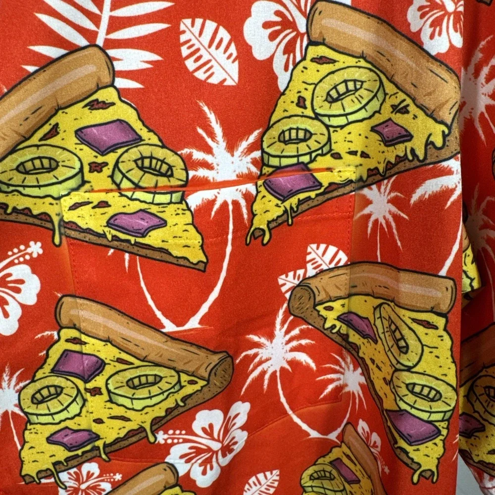 Funny Guy FG Floral Hawaiian Pizza Red Collared Button Down‎ Shirt Men's XL - Picture 2 of 7